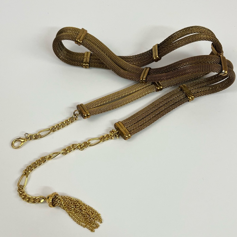 Vtg Mesh Metal Gold Bronze Tone Heavy Duty Statement Tassel Lobster Clasp Belt